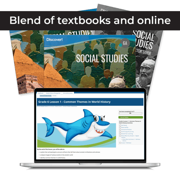 DiscoverBlended_ProductImage_2025_SocialStudies_Grade6_withRibbon Discover! Social Studies 6th Grade Blended Set